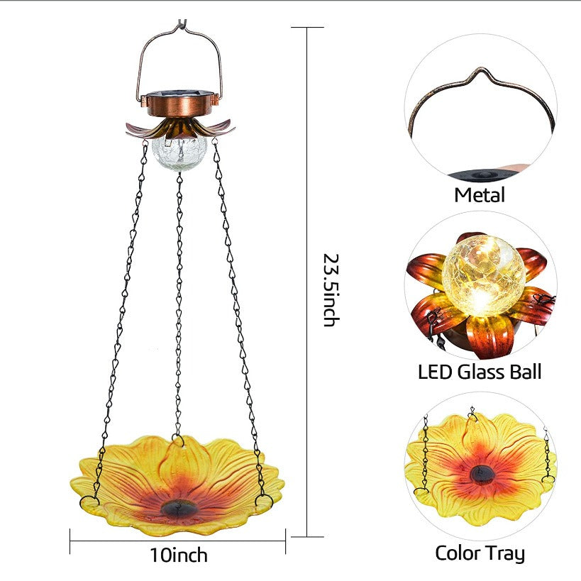 Solar Hanging Bird Bath for Outdoors 24 inch Glass Bird Feeder Sunflower Tray Crackle Ball Light Waterproof Yard Garden Decoration