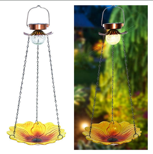 Solar Hanging Bird Bath for Outdoors 24 inch Glass Bird Feeder Sunflower Tray Crackle Ball Light Waterproof Yard Garden Decoration