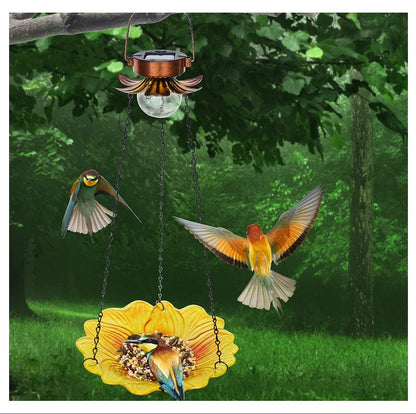 Solar Hanging Bird Bath for Outdoors 24 inch Glass Bird Feeder Sunflower Tray Crackle Ball Light Waterproof Yard Garden Decoration