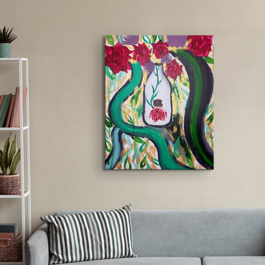 Original acrylic canvas painting of intertwining green vines with red blossoms, golden accents, and a central pink flower.