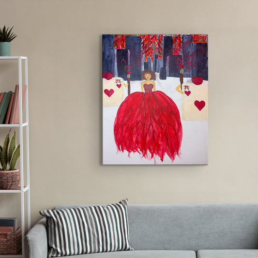 Original acrylic painting of a Queen of Hearts in a vivid red gown, hearts and scepters on cream panels, dark citylike pillars and red garlands in the background.
